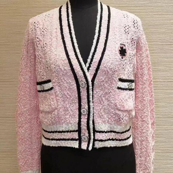NWT CHANEL 2024P Pink Black White Cardigan Sweater FR36 - Picture 11 of 11
